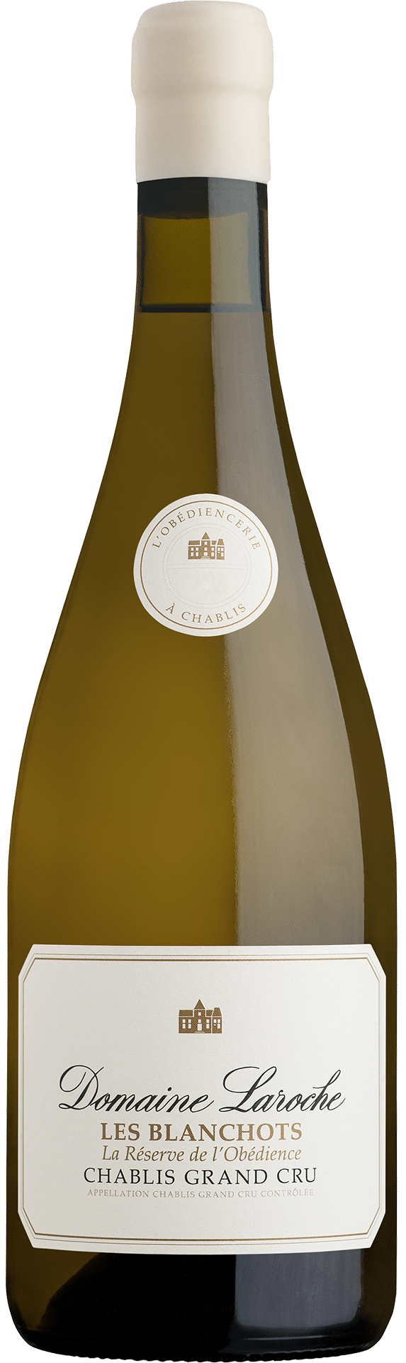 Bouteille de Chablis Grand Cru « La Réserve de l'Obédience » du Domaine Laroche, vin blanc de Chablis en Bourgogne.